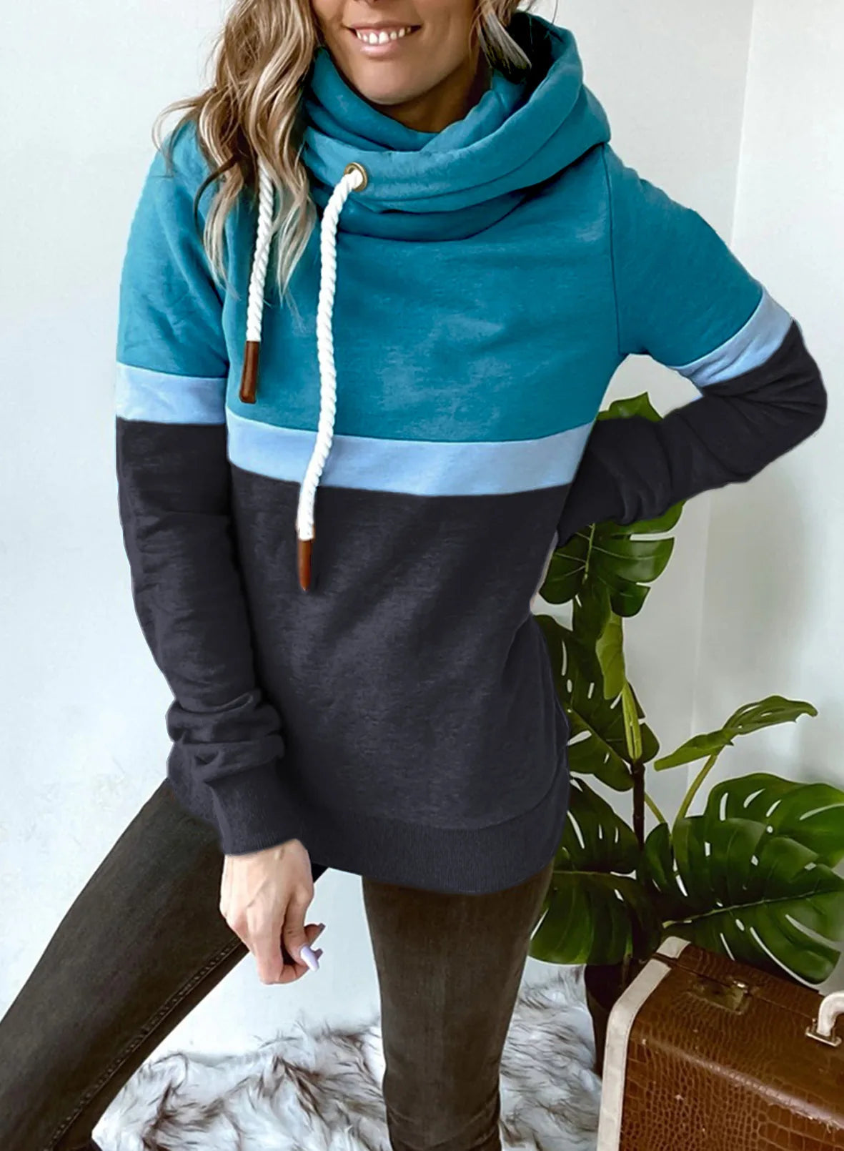 Women's sweatshirt 2024 new autumn and winter solid color stitching casual high collar hooded cross-border sweatshirt for women