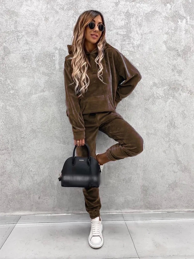 Women Sweatshirts Two Pieces Pant Sets Hooded Pocket Top Pullover Pencil Pants Thick Spliced Solid Casual Sporty Suits