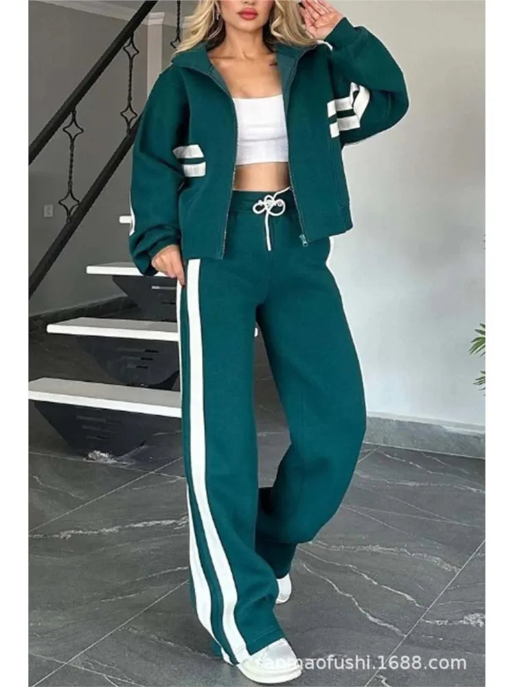 Striped Casual Women's Suit Y2K Striped Zipper Top Coat Sports Pants Female 2piece Set