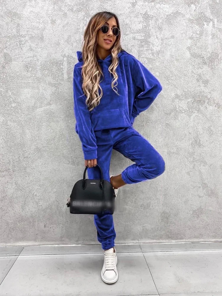 Women Sweatshirts Two Pieces Pant Sets Hooded Pocket Top Pullover Pencil Pants Thick Spliced Solid Casual Sporty Suits