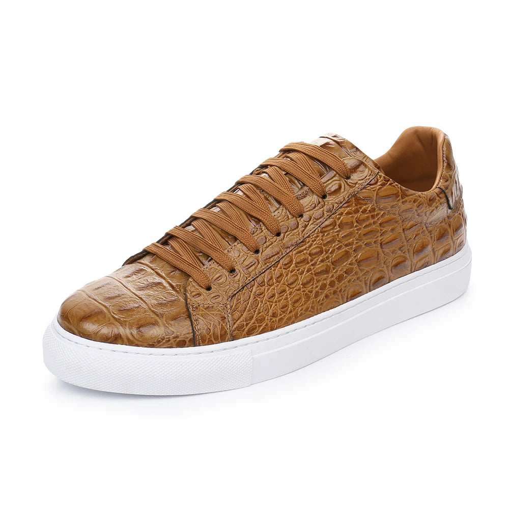 Men Croc Pattern Genuine  Cow Leather Flat Sneakers Round Toe Lace-up Causal Flats Shoes