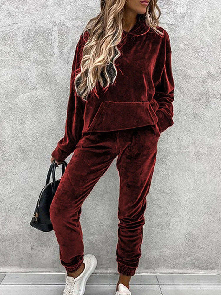 Women Sweatshirts Two Pieces Pant Sets Hooded Pocket Top Pullover Pencil Pants Thick Spliced Solid Casual Sporty Suits
