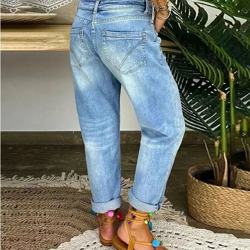 Fashion Women Broken Holes Straight Jeans Single-breasted Splicing Denim Pants Female Washable Trousers Daily Casual Streetwear