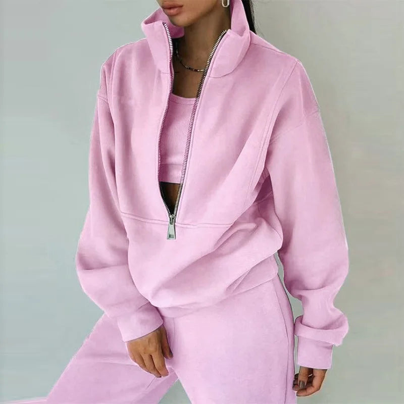 Women Sporty Sweatshirt Sets Two Pieces Sale Stand Collar Zip Long Sleeve Hoodie&High Elastic Sweatpant Suits JSFS-8786