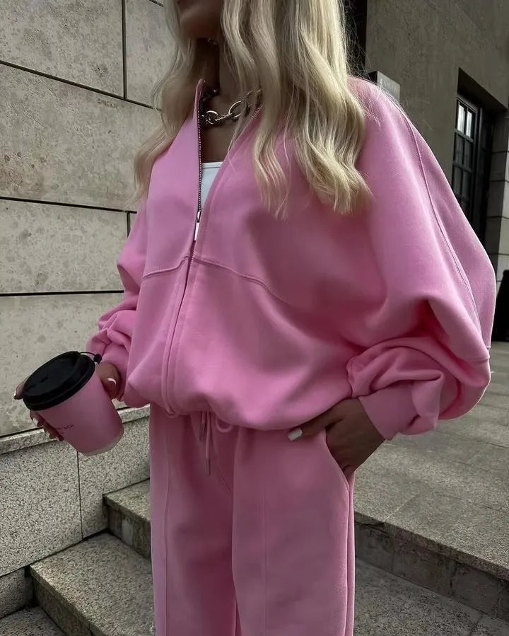 Winter Sweat Suit Set Pink Women Zipper Hoodies 2 Two Pieces Outfit Pants Casual Loose Winter Warm Tracksuits Sport Hooded Women