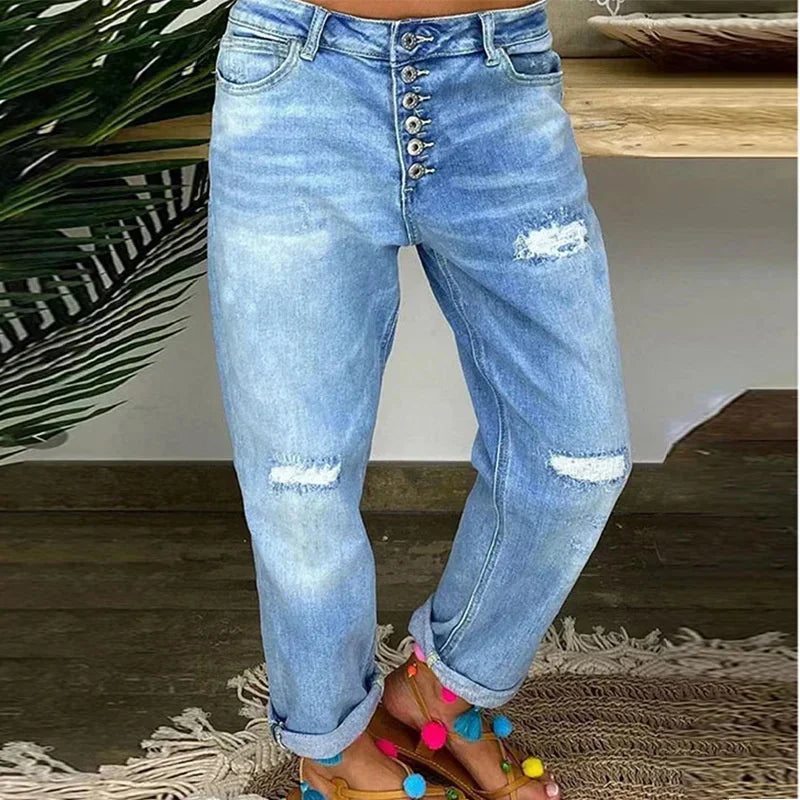 Fashion Women Broken Holes Straight Jeans Single-breasted Splicing Denim Pants Female Washable Trousers Daily Casual Streetwear