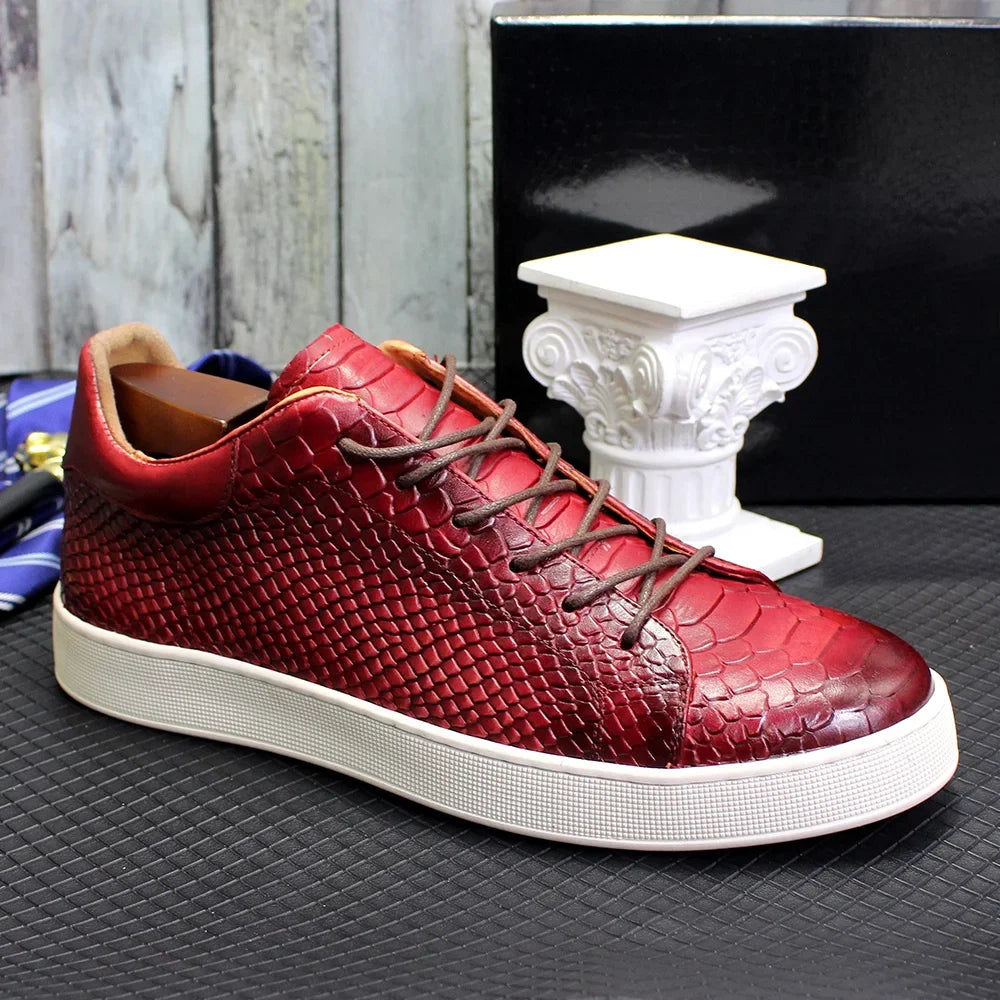 Men's Casual Derby Shoes Real Cow Leather Handmade Classic Lace-Up Snake Pattern Fashion Sneakers for Street Shopping