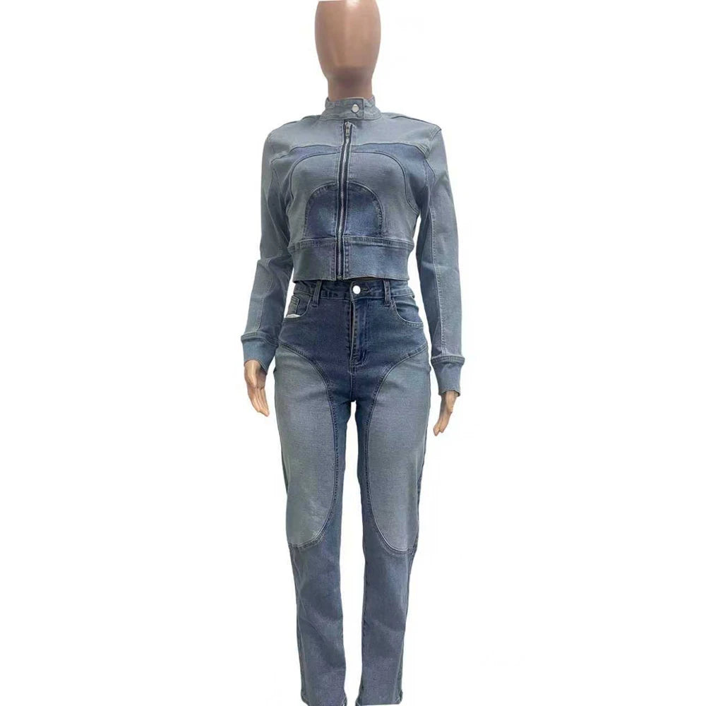 Fashion Two Tone Washed Denim Moto Jacket and Pants 2 Pieces Set for 2025 Fall Woman Casual Jeans 2piece Sets Outfits Streetwear