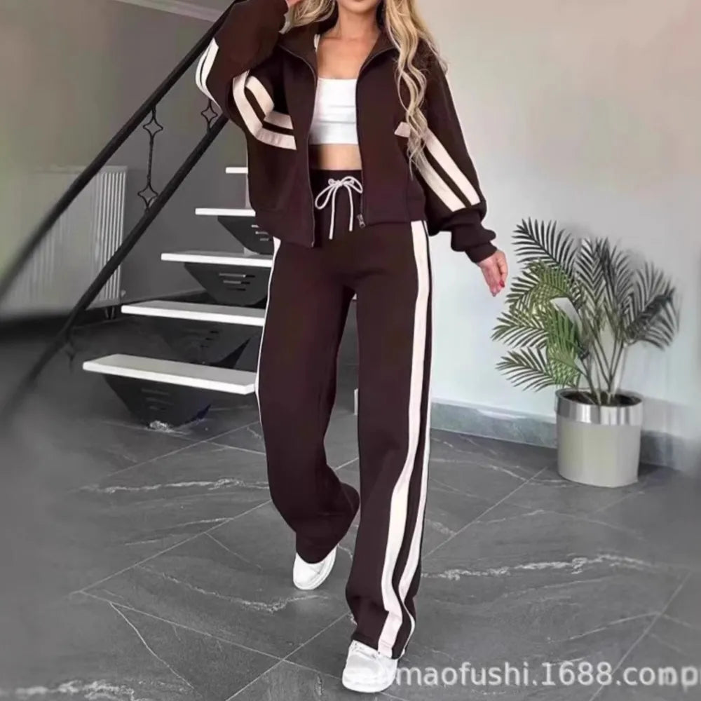 Striped Casual Women's Suit Y2K Striped Zipper Top Coat Sports Pants Female 2piece Set