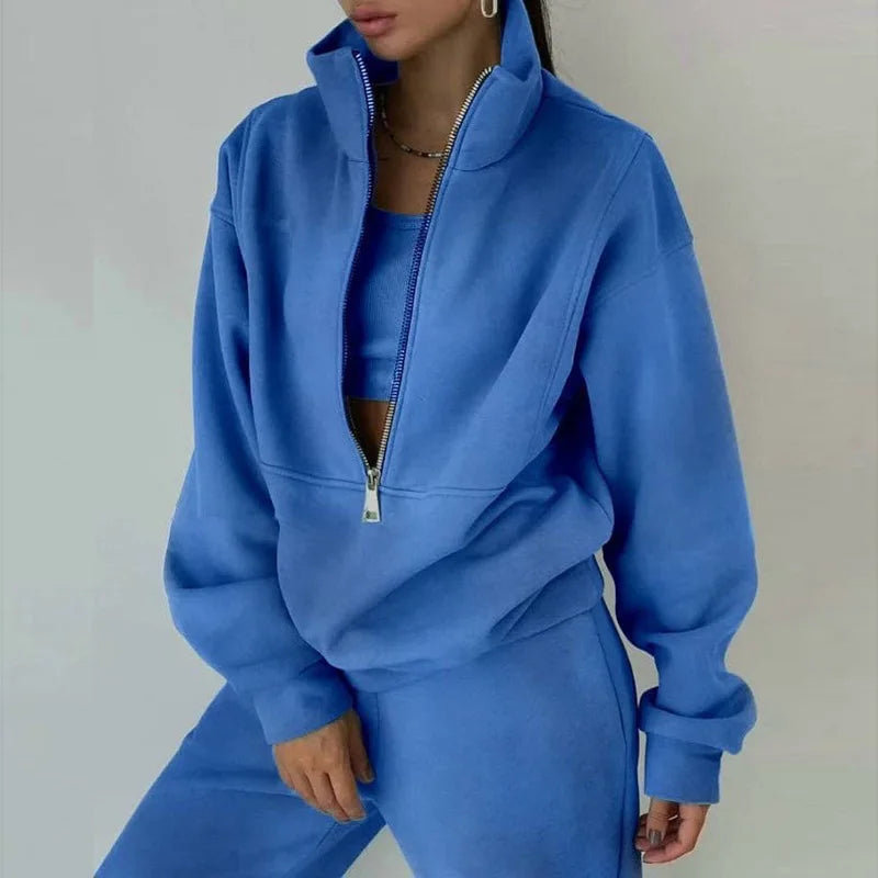 Women Sporty Sweatshirt Sets Two Pieces Sale Stand Collar Zip Long Sleeve Hoodie&High Elastic Sweatpant Suits JSFS-8786