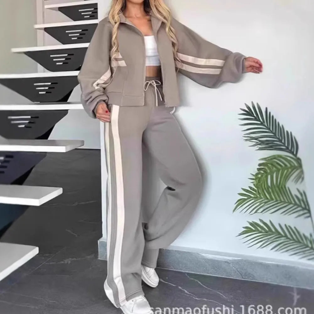 Striped Casual Women's Suit Y2K Striped Zipper Top Coat Sports Pants Female 2piece Set