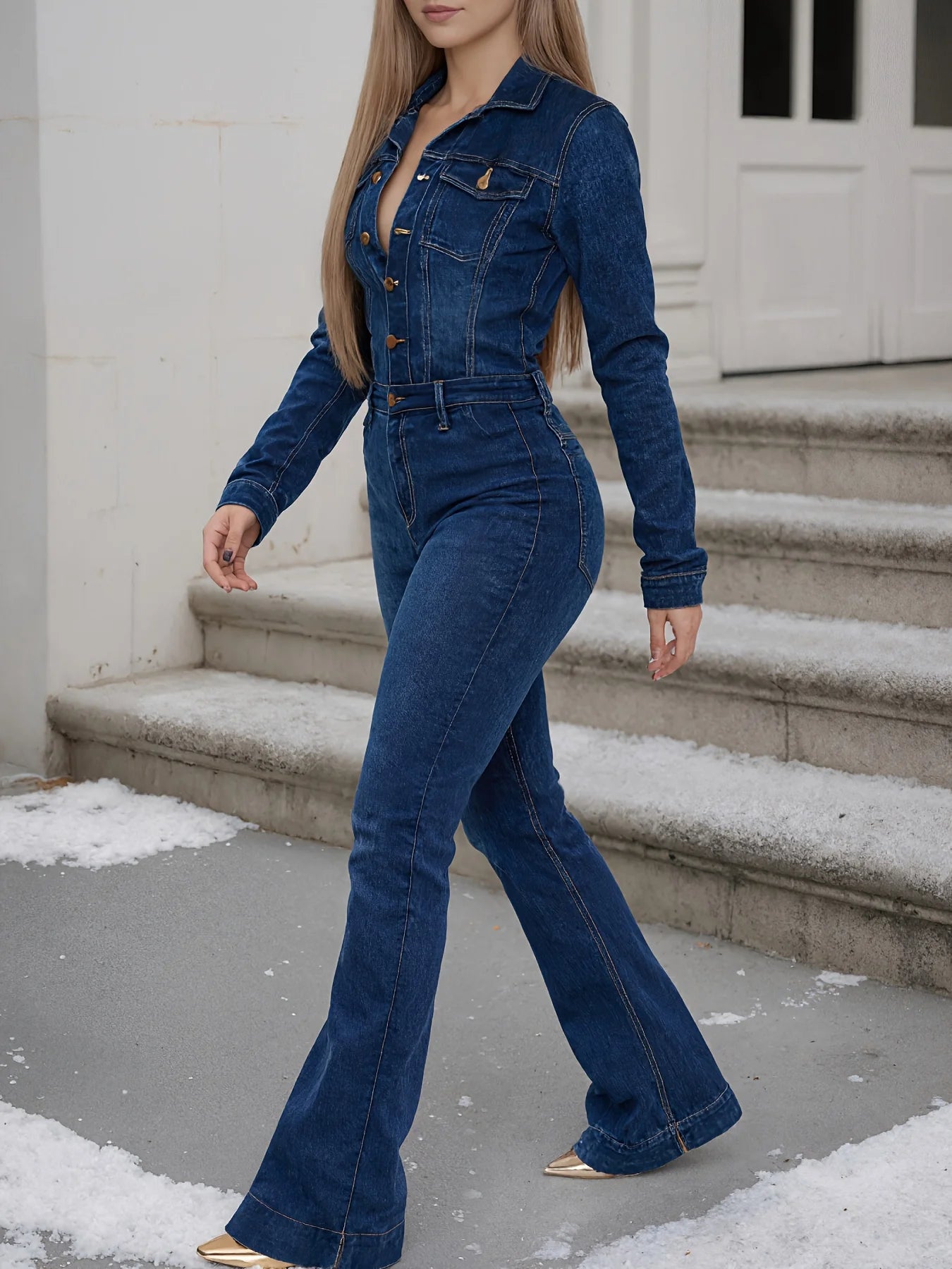 Women's new fashionable elastic hip lifting denim jumpsuit with long sleeved button design, elegant and sexy denim jumpsuit,