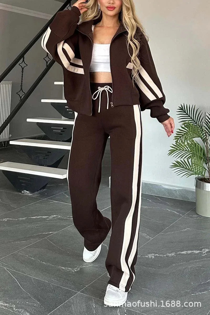 Striped Casual Women's Suit Y2K Striped Zipper Top Coat Sports Pants Female 2piece Set