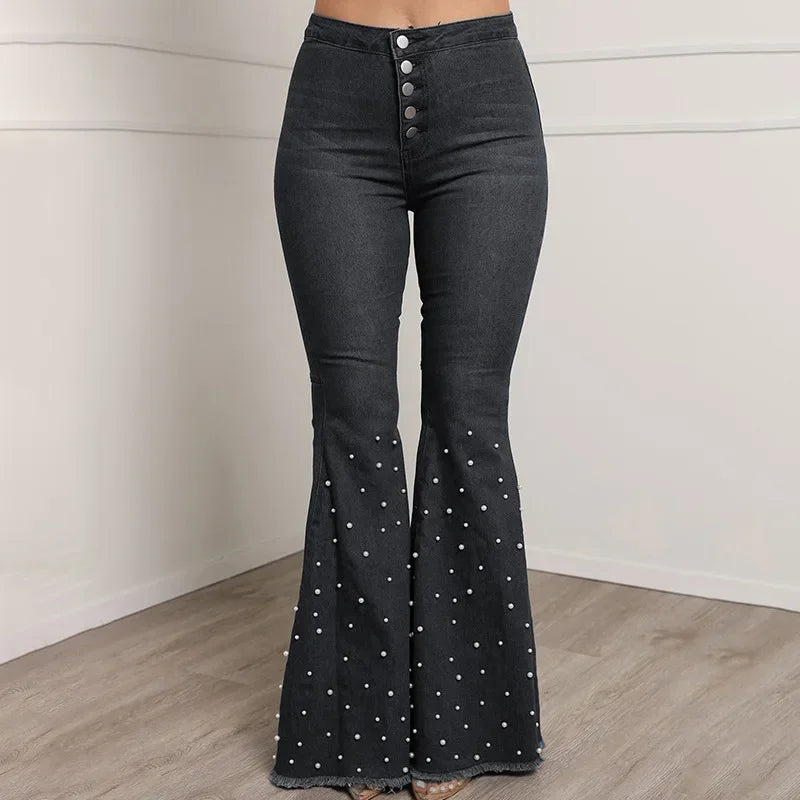 Denim Flare Pants Women Washed Jeans High Waist Slim Fit Pockets Embroidered Flares Vintage Trousers Full Length Casual Denims