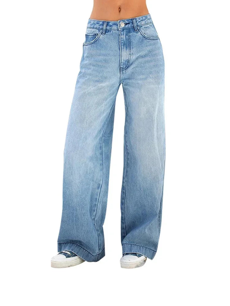 Women's Denim Pants Jeans High Waist Wide Leg Pants with Pockets Fashion Casual Long Trousers 2025 New Korean Streetwear