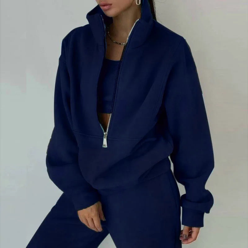 Women Sporty Sweatshirt Sets Two Pieces Sale Stand Collar Zip Long Sleeve Hoodie&High Elastic Sweatpant Suits JSFS-8786