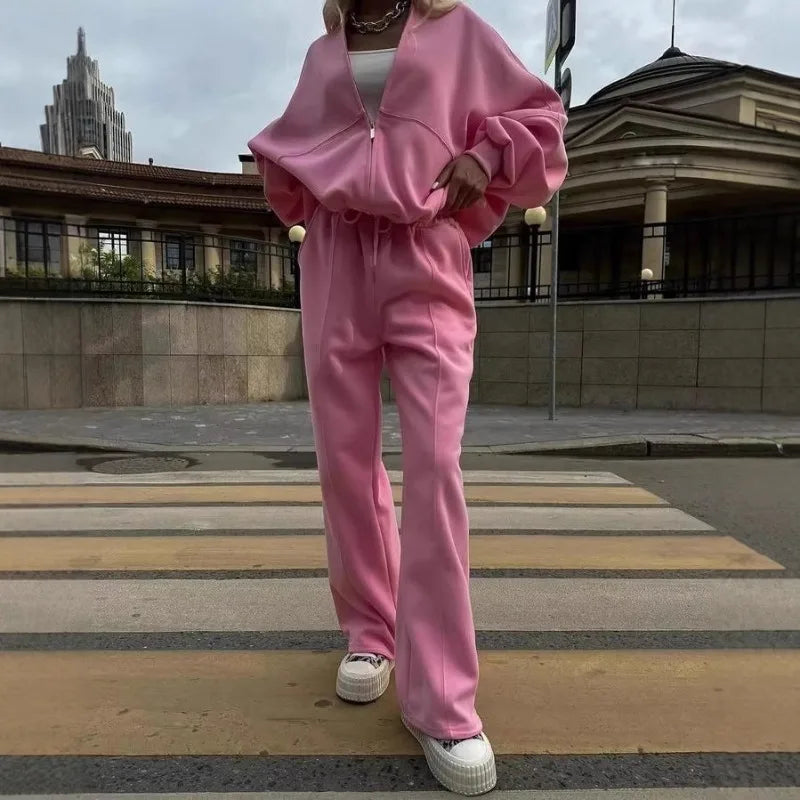 Winter Sweat Suit Set Pink Women Zipper Hoodies 2 Two Pieces Outfit Pants Casual Loose Winter Warm Tracksuits Sport Hooded Women