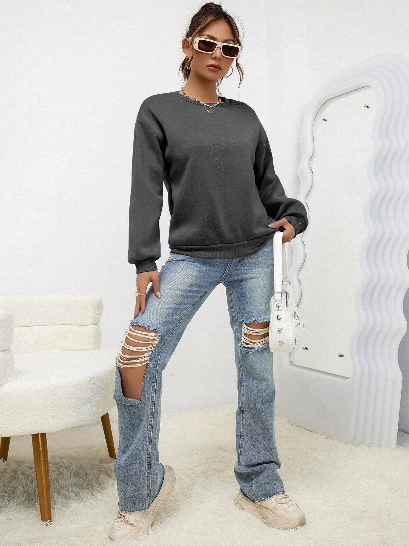 Woman Sweatshirt Casual Solid Color All-Match Clothing Loose Fashionable Pullovers Autumn Crewneck Warm  Female Hoodies