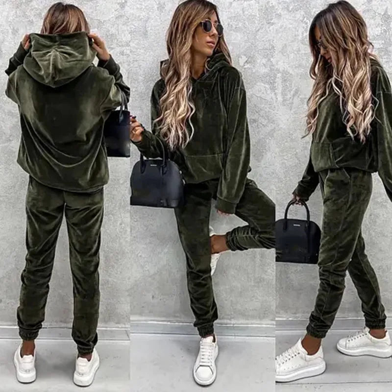 Women Sweatshirts Two Pieces Pant Sets Hooded Pocket Top Pullover Pencil Pants Thick Spliced Solid Casual Sporty Suits