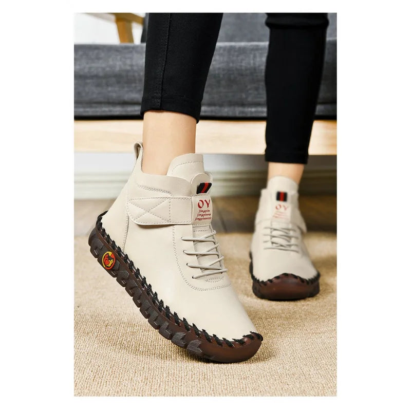 Winter Fleece-Lined Warm Cotton Boots - Women's British Style Fashionable & Versatile Velcro High-Top Flat Shoes
