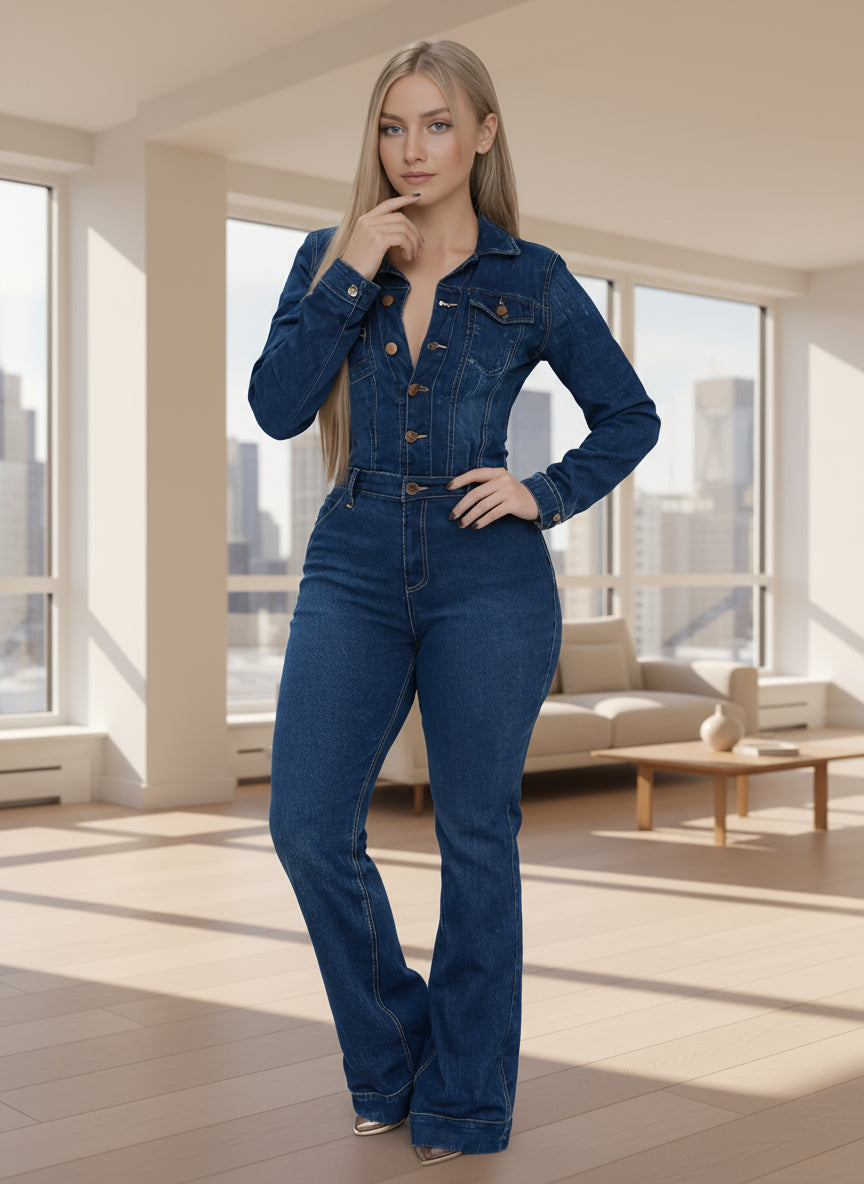 Women's new fashionable elastic hip lifting denim jumpsuit with long sleeved button design, elegant and sexy denim jumpsuit,