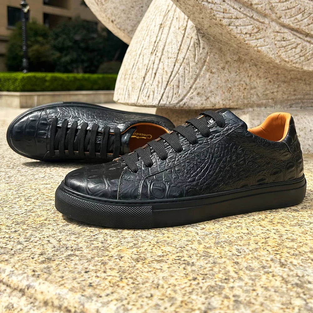 Men Croc Pattern Genuine  Cow Leather Flat Sneakers Round Toe Lace-up Causal Flats Shoes
