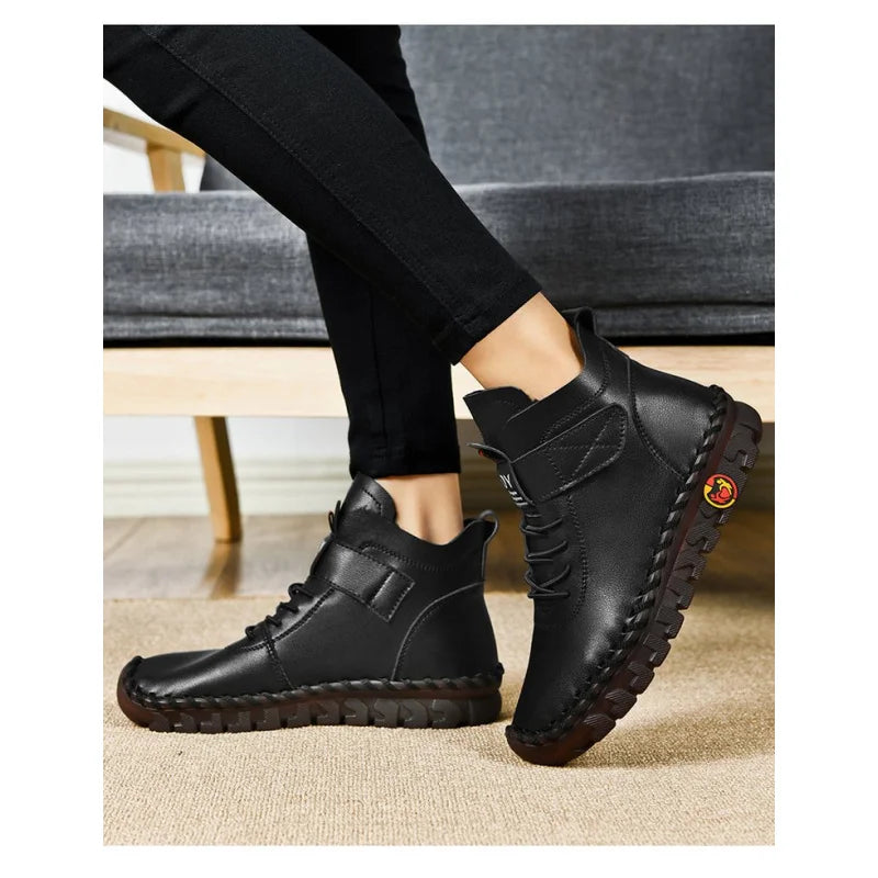 Winter Fleece-Lined Warm Cotton Boots - Women's British Style Fashionable & Versatile Velcro High-Top Flat Shoes