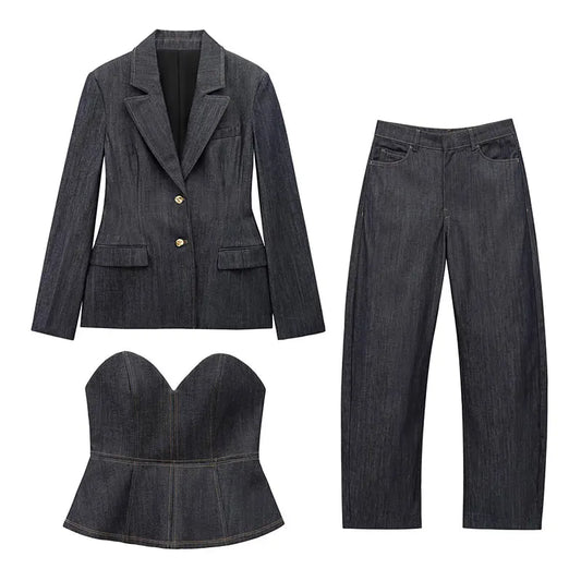TRAFZA 2025 Spring Denim Blazer Trousers Set For Women Turn-down Collar Slim Coat+v Neck Corset+vintage Female Wide Leg Jeans