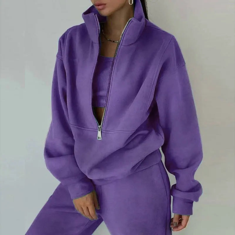 Women Sporty Sweatshirt Sets Two Pieces Sale Stand Collar Zip Long Sleeve Hoodie&High Elastic Sweatpant Suits JSFS-8786