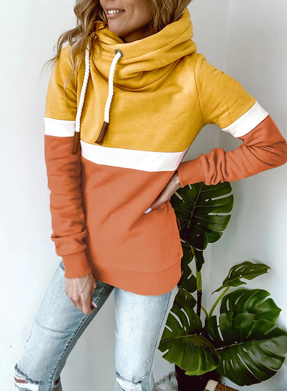 Women's sweatshirt 2024 new autumn and winter solid color stitching casual high collar hooded cross-border sweatshirt for women