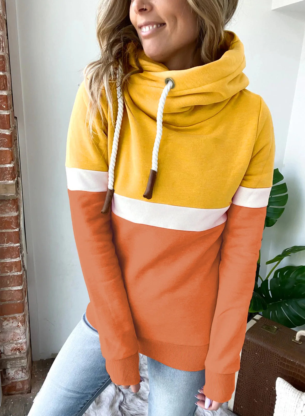 Women's sweatshirt 2024 new autumn and winter solid color stitching casual high collar hooded cross-border sweatshirt for women