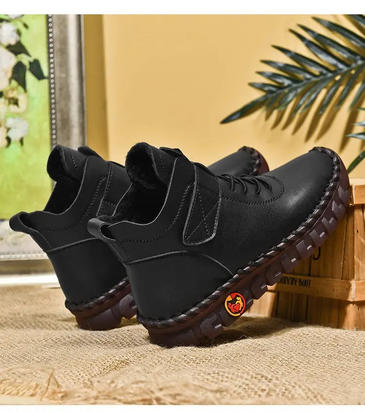 Winter Fleece-Lined Warm Cotton Boots - Women's British Style Fashionable & Versatile Velcro High-Top Flat Shoes