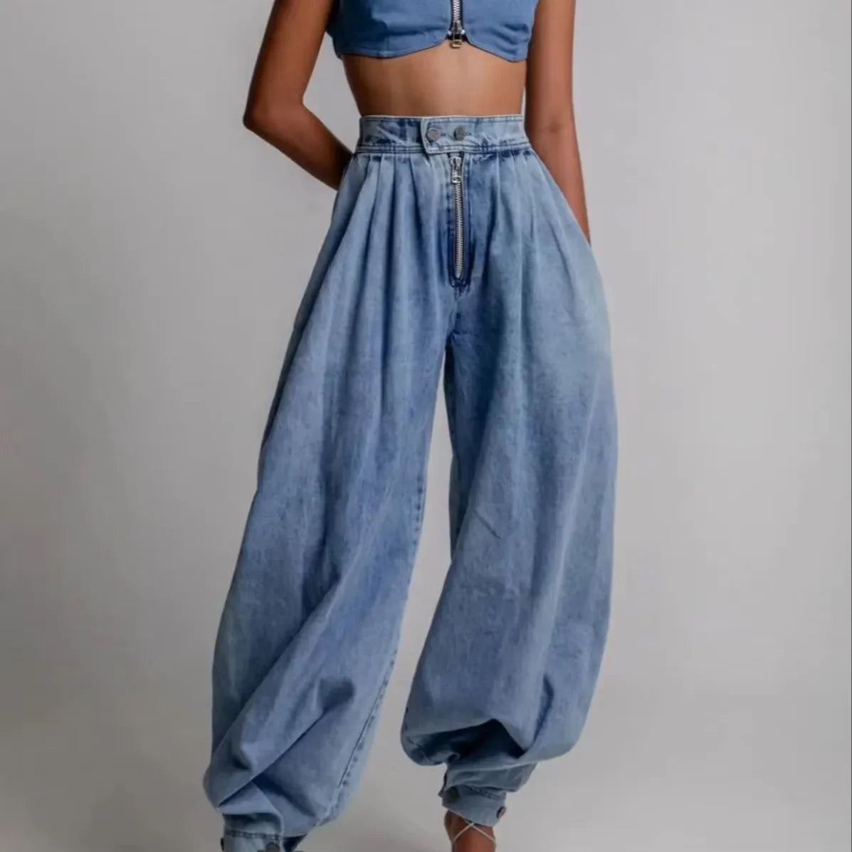 Women Denim Pant Casual High Waisted Zipper Denim Bloomers Pants Loose Vintage Streetwear Casual Harem Trousers Jeans Trousers