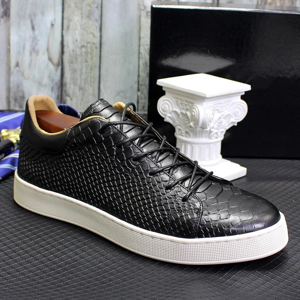 Men's Casual Derby Shoes Real Cow Leather Handmade Classic Lace-Up Snake Pattern Fashion Sneakers for Street Shopping