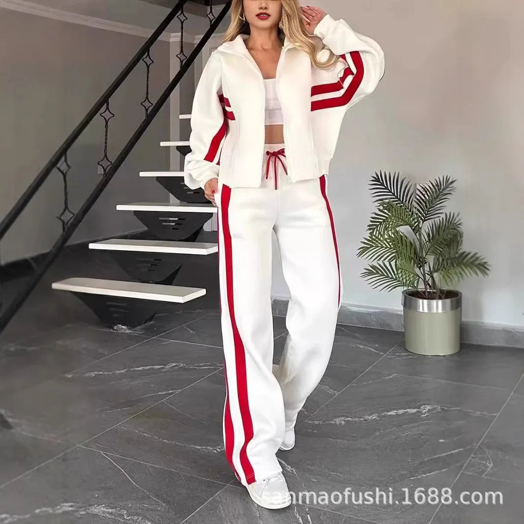 Striped Casual Women's Suit Y2K Striped Zipper Top Coat Sports Pants Female 2piece Set