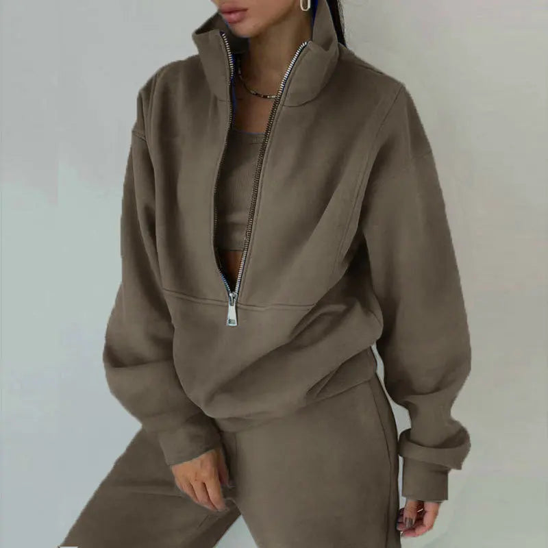 Women Sporty Sweatshirt Sets Two Pieces Sale Stand Collar Zip Long Sleeve Hoodie&High Elastic Sweatpant Suits JSFS-8786