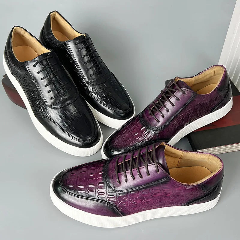 Newest 2025 Spring Men Genuine Leather Casual Sneakers Lace Up Handmade Crocodile Design Men Daily Leather Footwear Purple