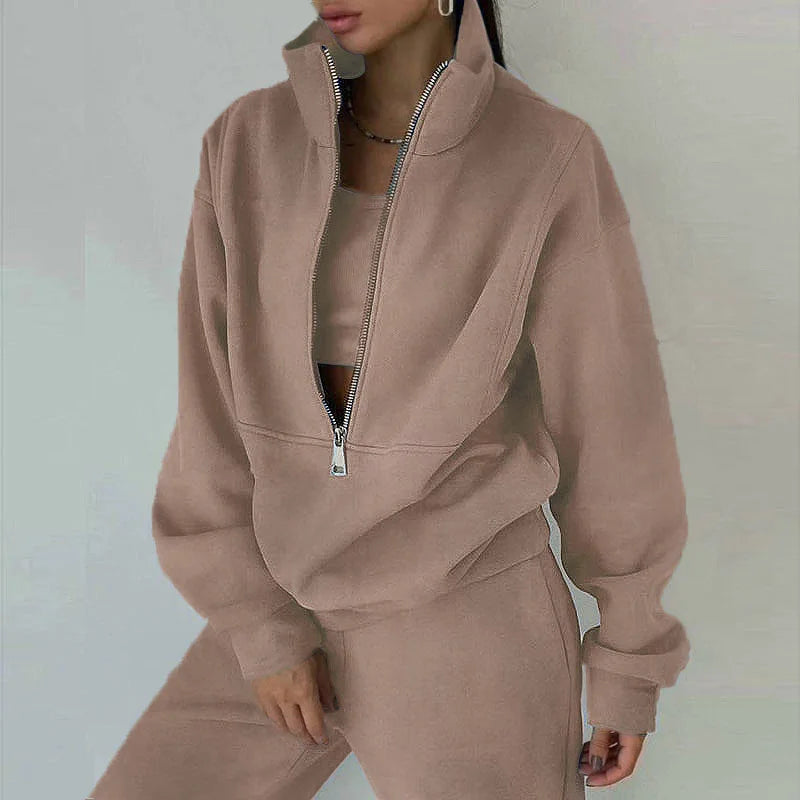 Women Sporty Sweatshirt Sets Two Pieces Sale Stand Collar Zip Long Sleeve Hoodie&High Elastic Sweatpant Suits JSFS-8786