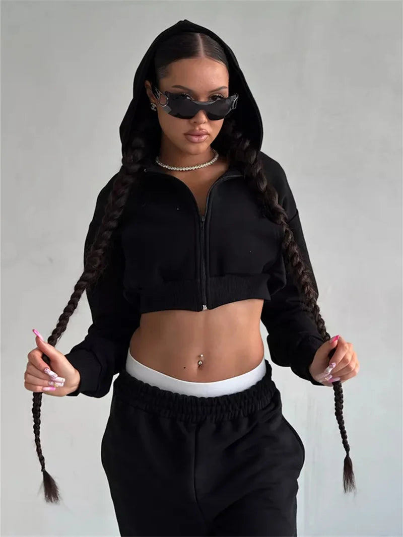 Sweatshirt Two-piece Suit Women's Casual Sports Sets Sexy High-waist Hoodies Short Zip-up Jacket Straight Trousers 2-piece Sets