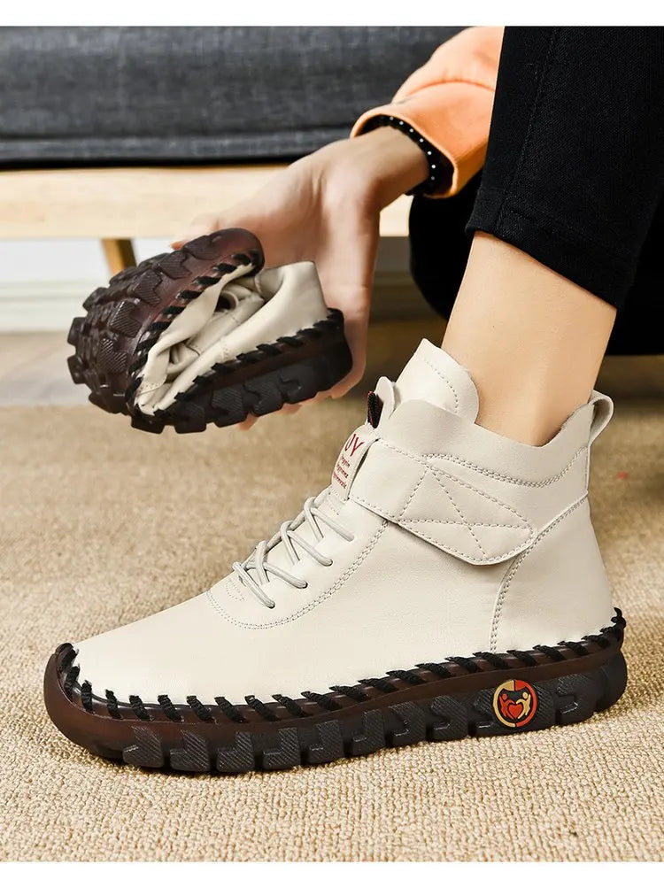 Winter Fleece-Lined Warm Cotton Boots - Women's British Style Fashionable & Versatile Velcro High-Top Flat Shoes