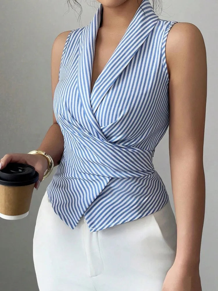 Fashion Striped Shirt Top For Women Elegant V Neck Sleeveless Vest Shirts Tops Lady Holiday Office Women's Clothing Summer New