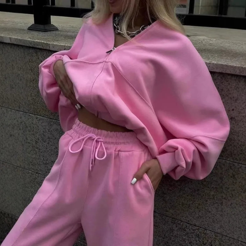 Winter Sweat Suit Set Pink Women Zipper Hoodies 2 Two Pieces Outfit Pants Casual Loose Winter Warm Tracksuits Sport Hooded Women