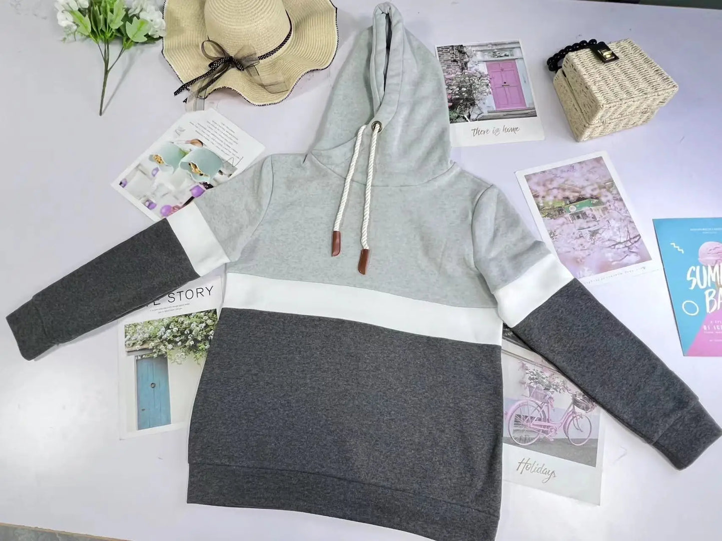 Women's sweatshirt 2024 new autumn and winter solid color stitching casual high collar hooded cross-border sweatshirt for women