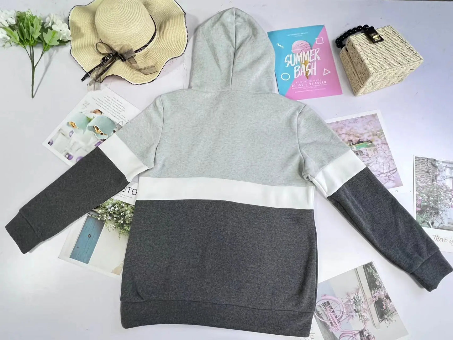 Women's sweatshirt 2024 new autumn and winter solid color stitching casual high collar hooded cross-border sweatshirt for women