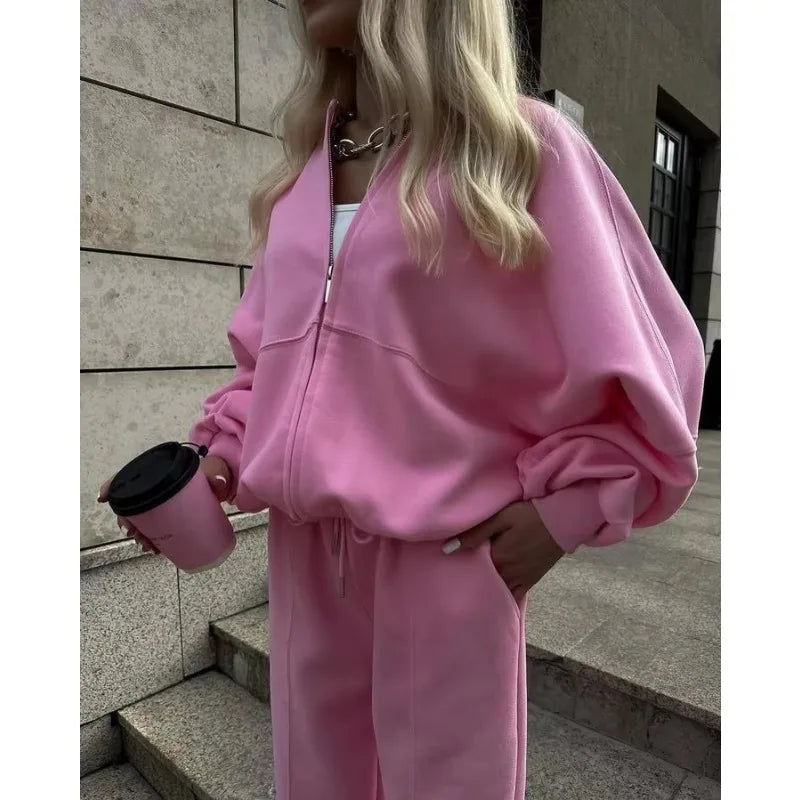 Winter Sweat Suit Set Pink Women Zipper Hoodies 2 Two Pieces Outfit Pants Casual Loose Winter Warm Tracksuits Sport Hooded Women