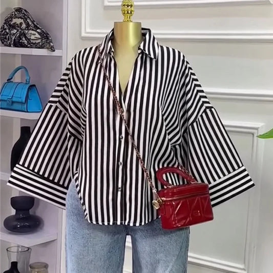 Women Top Blouses Shirt Turn Down Collar Full Sleeve Tops Striped Y2k Streetwear Elegant Splice Shirts Casual Loose Work Autumn