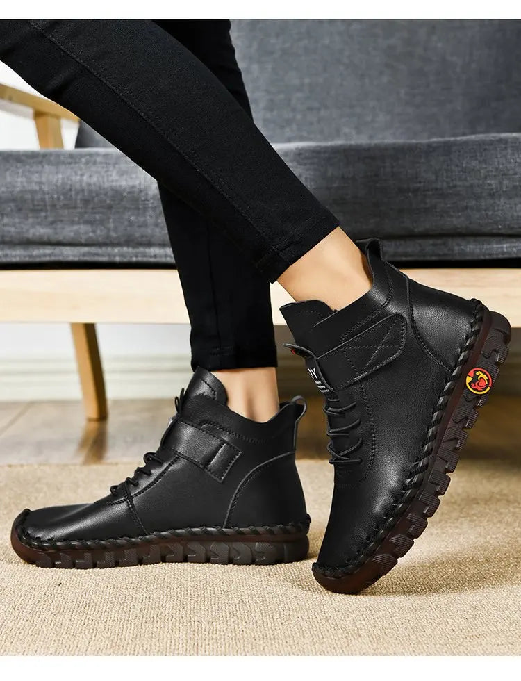 Winter Fleece-Lined Warm Cotton Boots - Women's British Style Fashionable & Versatile Velcro High-Top Flat Shoes