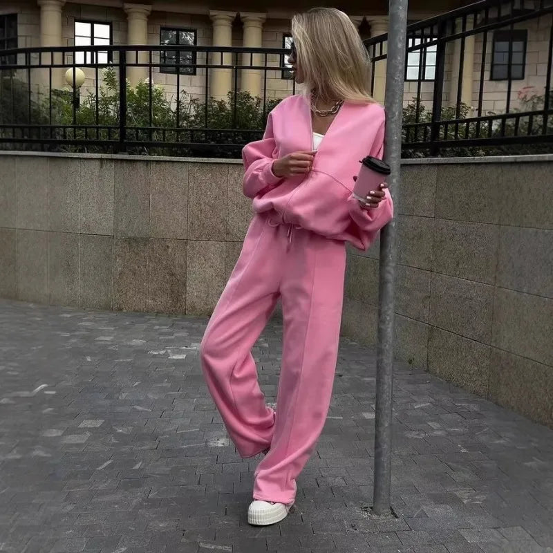 Winter Sweat Suit Set Pink Women Zipper Hoodies 2 Two Pieces Outfit Pants Casual Loose Winter Warm Tracksuits Sport Hooded Women