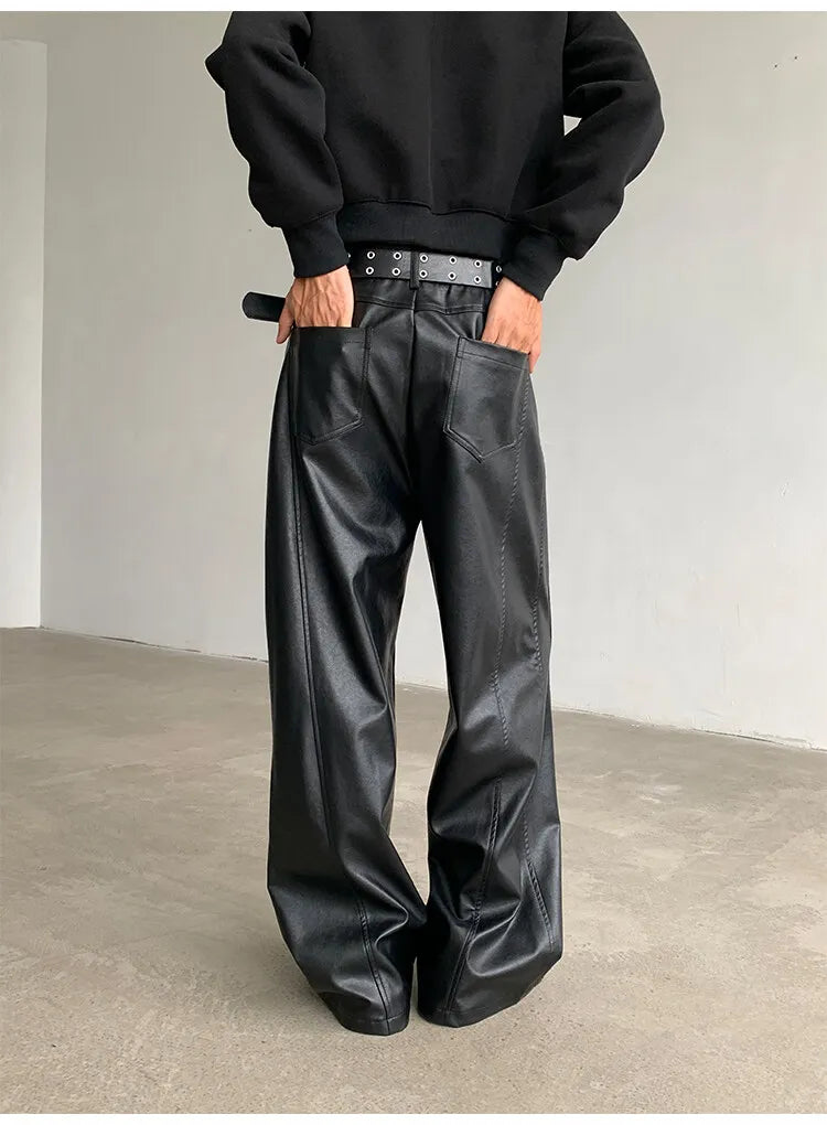 PU Leather Pants men Straight 2025new Spring Men's Punk Fashion Hip Hip Men Wide-leg Mopping Trousers Windproof Dark Brown/Black