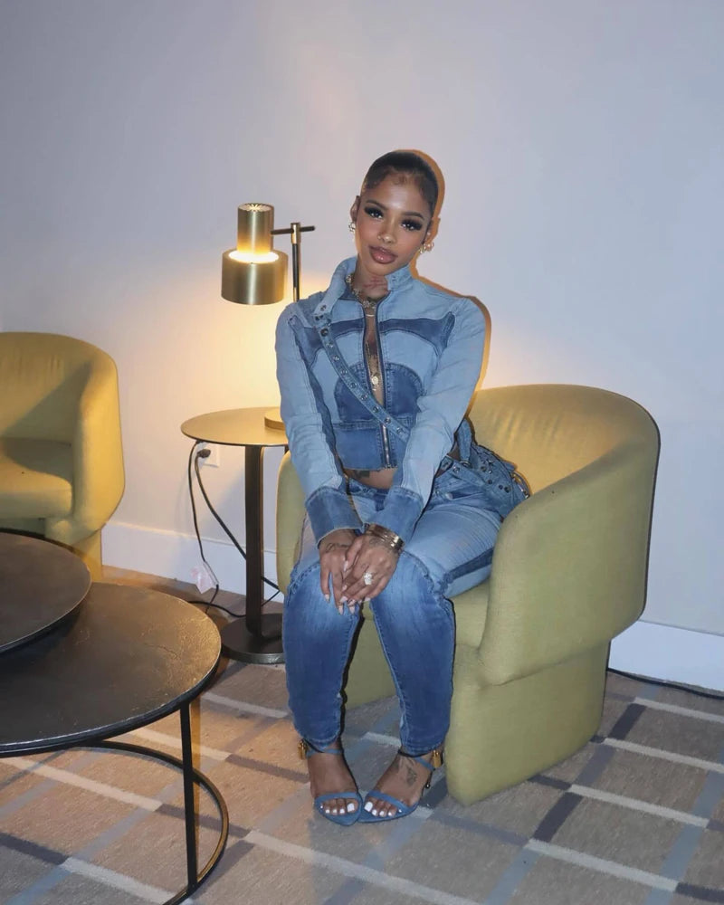 Fashion Two Tone Washed Denim Moto Jacket and Pants 2 Pieces Set for 2025 Fall Woman Casual Jeans 2piece Sets Outfits Streetwear